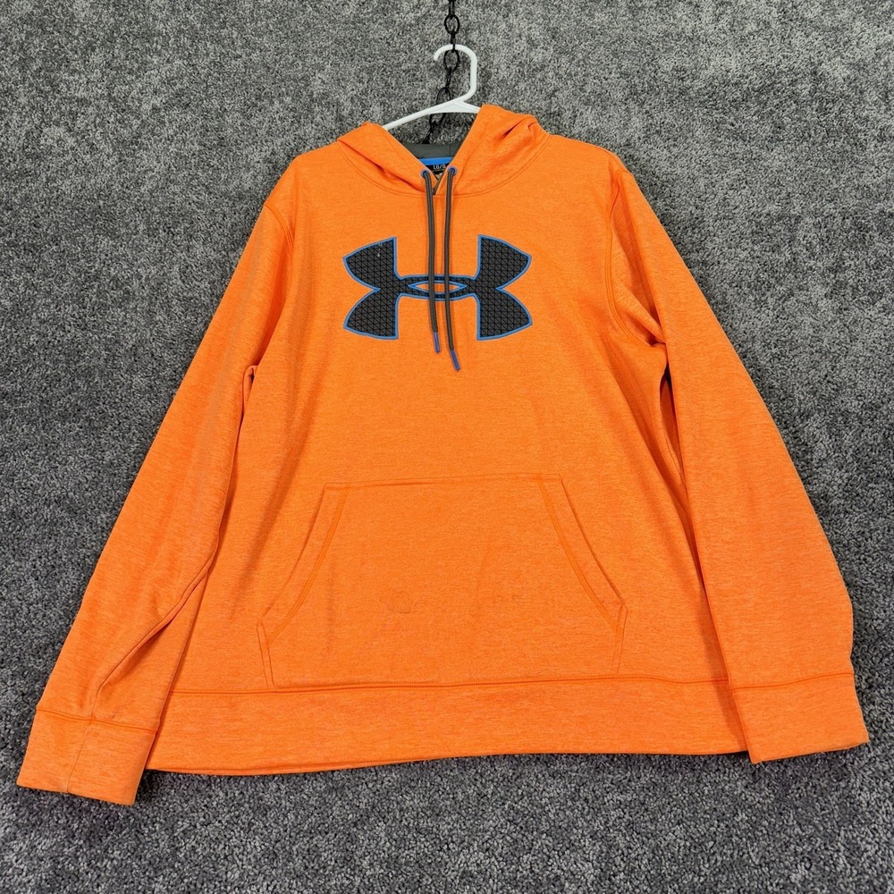 Under Armour Hoodie Mens Large Orange Storm Fleece Pullover Big Logo Gym Loose